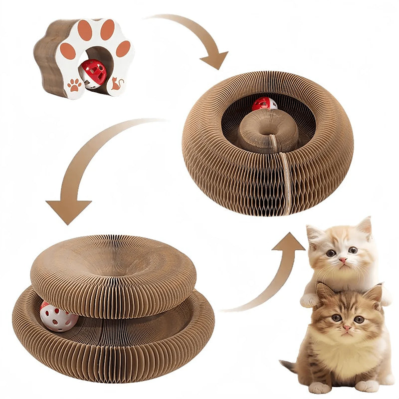 Arranhador dobrável de papelão para gatos com catnip e sino, brinquedo interativo para afiar as garras e estimular brincadeiras