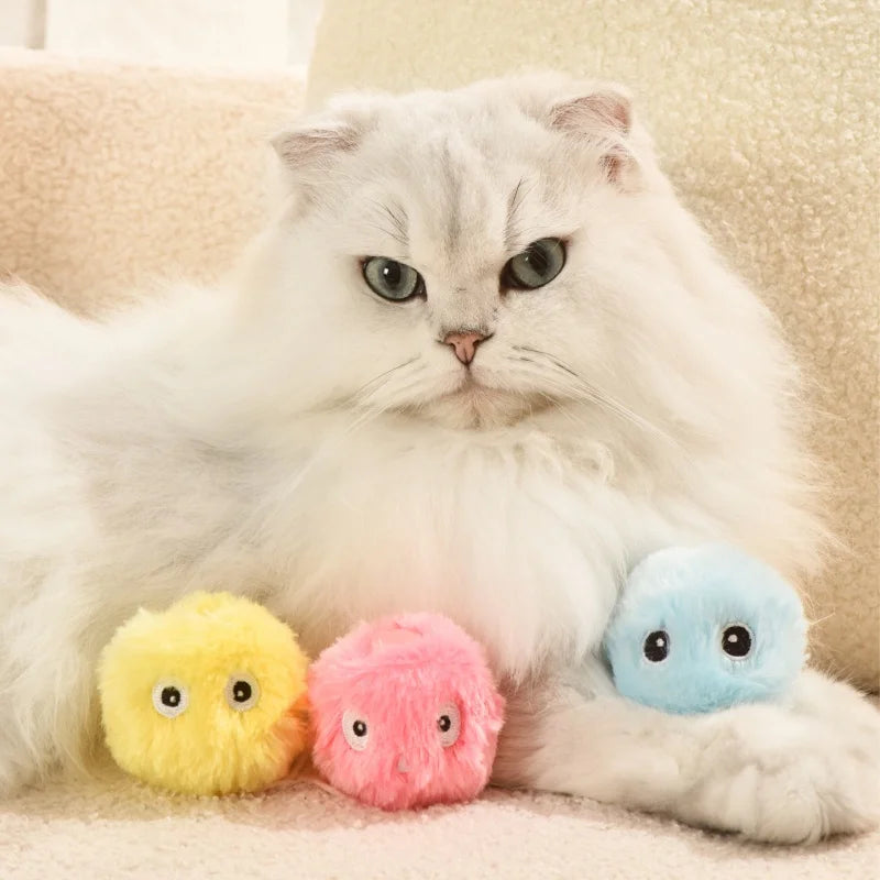 Bola interativa elétrica para gatos com revestimento de pelúcia, catnip e som, brinquedo para estimular perseguição, brincadeira e atividade física.