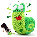 Brinquedo interativo de pelúcia em formato de caracol verde e amarelo para cachorro com compartimentos para esconder petiscos.