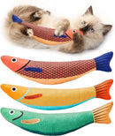 Brinquedo em formato de peixe de pelúcia com catnip e efeito sonoro para gatos, ideal para morder, caçar, brincar e estimular a saúde bucal.