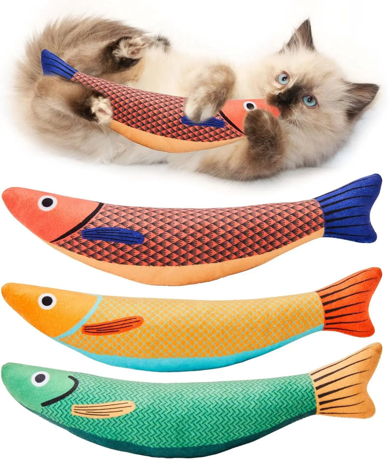 Brinquedo em formato de peixe de pelúcia com catnip e efeito sonoro para gatos, ideal para morder, caçar, brincar e estimular a saúde bucal.