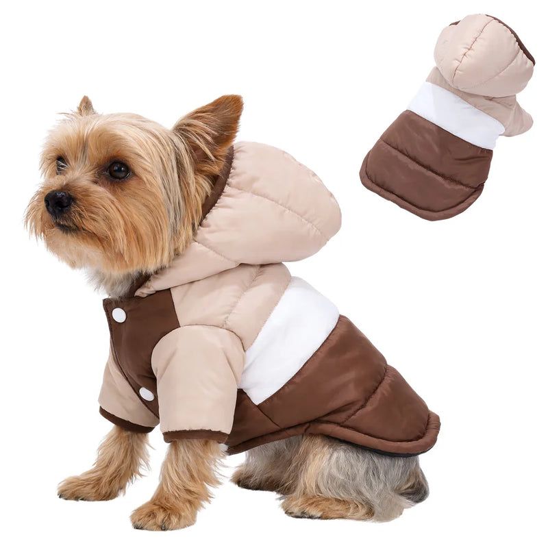 Casaco com capuz em fleece para cachorro e gato de pequeno e médio porte, ideal para proteger do frio durante o inverno.