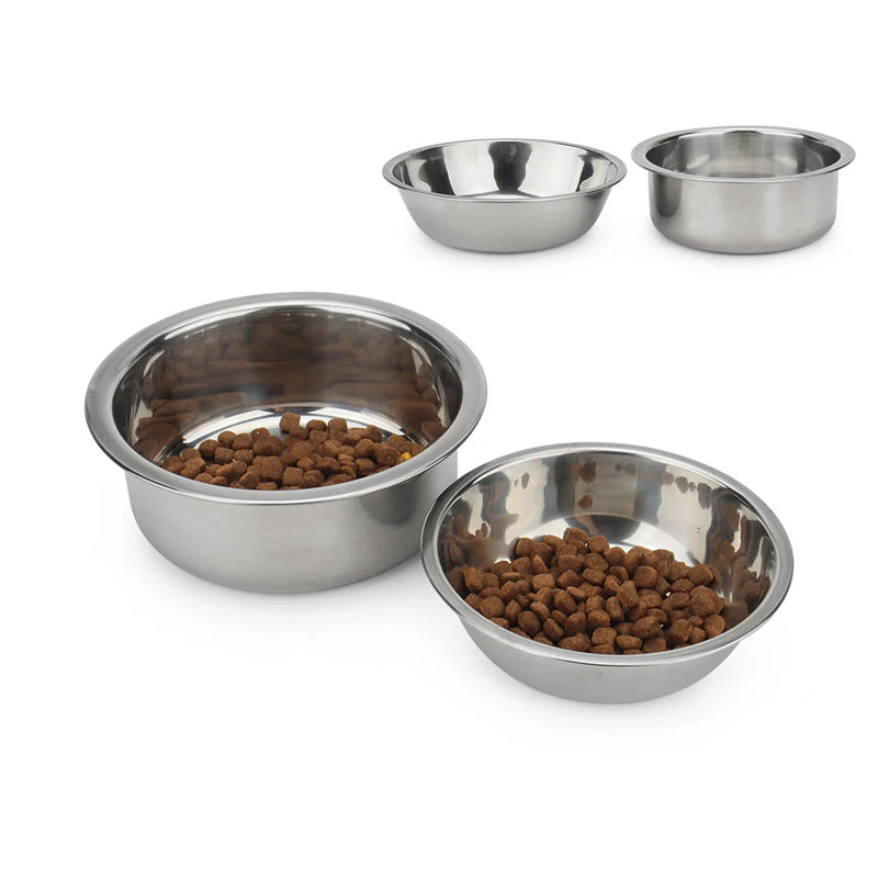 Comedouro de aço inoxidável para cães e gatos, ideal para servir ração, alimentos ou água para pets de diferentes tamanhos.