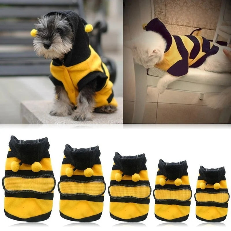 Fantasia de abelha em fleece para cachorro e gato, com capuz confortável, ideal para Halloween, dias frios, fotos e festas temáticas.