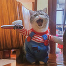 Fantasia de Halloween para cachorro e gato em formato de macacão, confeccionada em tecido macio e confortável, ideal para festas, fotos e eventos temáticos.