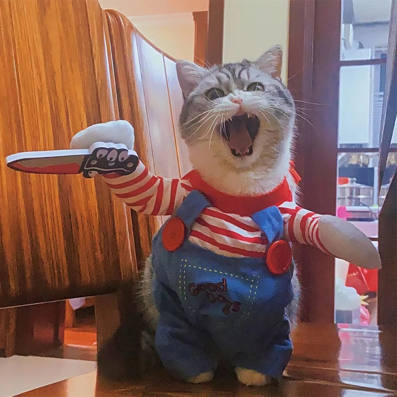 Fantasia de Halloween para cachorro e gato em formato de macacão, confeccionada em tecido macio e confortável, ideal para festas, fotos e eventos temáticos.