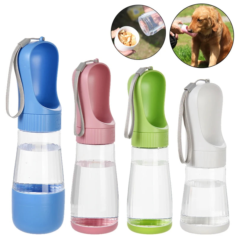 Garrafa portátil 2 em 1 para cães e gatos com bebedouro integrado e compartimento para ração, ideal para passeios e viagens.