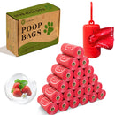 Kit de sacos higiênicos vermelhos para fezes de cachorro com fragrância de morango e dispenser portátil para passeios.