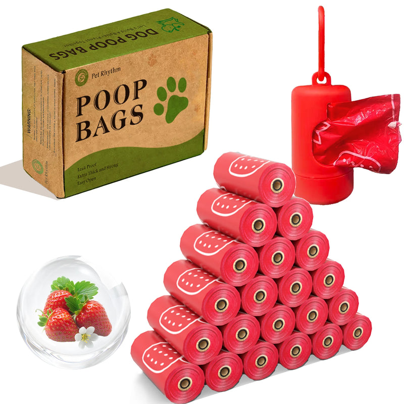 Kit de sacos higiênicos vermelhos para fezes de cachorro com fragrância de morango e dispenser portátil para passeios.
