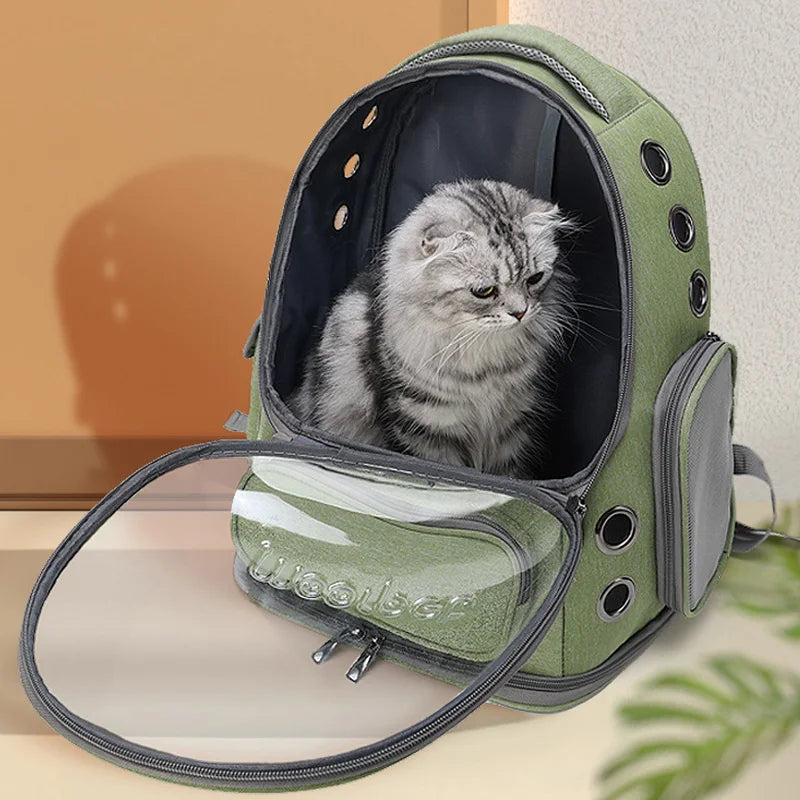 Mochila transparente para transporte de gatos e cães pequenos com visor amplo e ventilação respirável para viagens e passeios